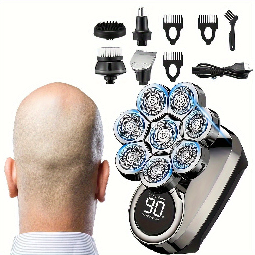 Bald Head Shaver for Men 5-in-1 8D Electric Razor — Multi-Directional Floating Blades with Beard Grooming Kit, Rechargeable Cordless Men's Grooming Set, Smooth Close Shave, Gift for Him (Silver / 9D Options)
