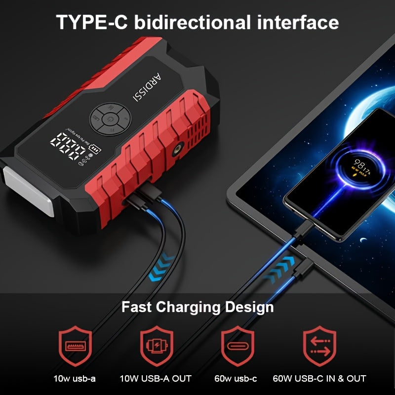 10000A 7-In-1 Multifunctional Emergency Jump Starter with 150PSI Air Pump, Digital Tire Inflator, Portable Car Battery Charger, Up to 2.64gal Gas/2.38gal Diesel, LED Emergency Light & USB Charging, Car Emergency Tool. Suitable As a Holiday Gift