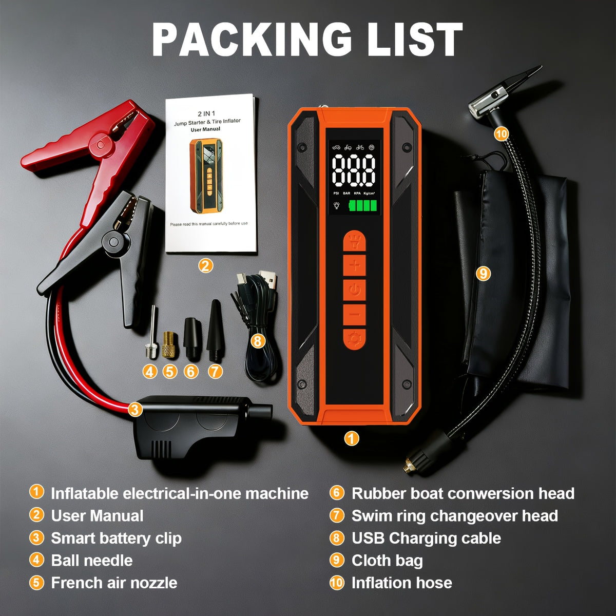 Portable 12V Jump Starter with Air Compressor & Tire Inflator, LCD Display Battery Booster Pack, - Power, 3-Mode Flashlight, Built-In Charger & Booster for, Emergency Power Supply Suitable for Car Jumper, Tire Inflator, Battery Booster