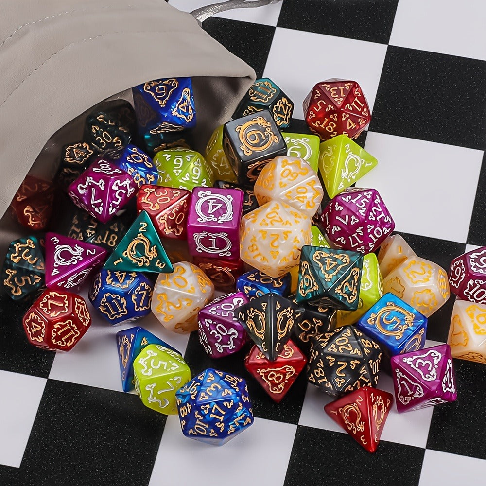 DnD Dice Set 49pcs Dragon Pattern Polyhedral Dice 7 Sets with Pouches – D4 D6 D8 D10 D12 D20 for Dungeons & Dragons RPG MTG Tabletop Games, 7 Colors Acrylic Gamer Gift