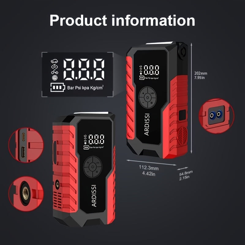 10000A 7-In-1 Multifunctional Emergency Jump Starter with 150PSI Air Pump, Digital Tire Inflator, Portable Car Battery Charger, Up to 2.64gal Gas/2.38gal Diesel, LED Emergency Light & USB Charging, Car Emergency Tool. Suitable As a Holiday Gift