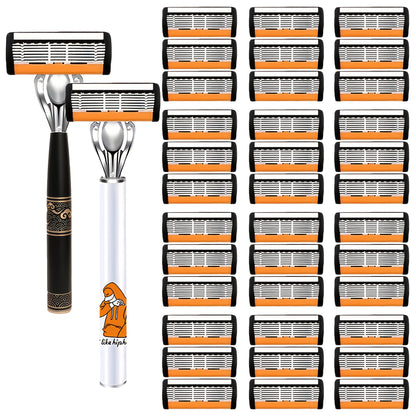 6-Layer Blade Men's Razor Set with Lubricating Strip 2 Handles & 36 or 72 Replacement Blades – Smooth Close Shave Contour-Fitting Ergonomic Manual Shaver for Men Daily Grooming