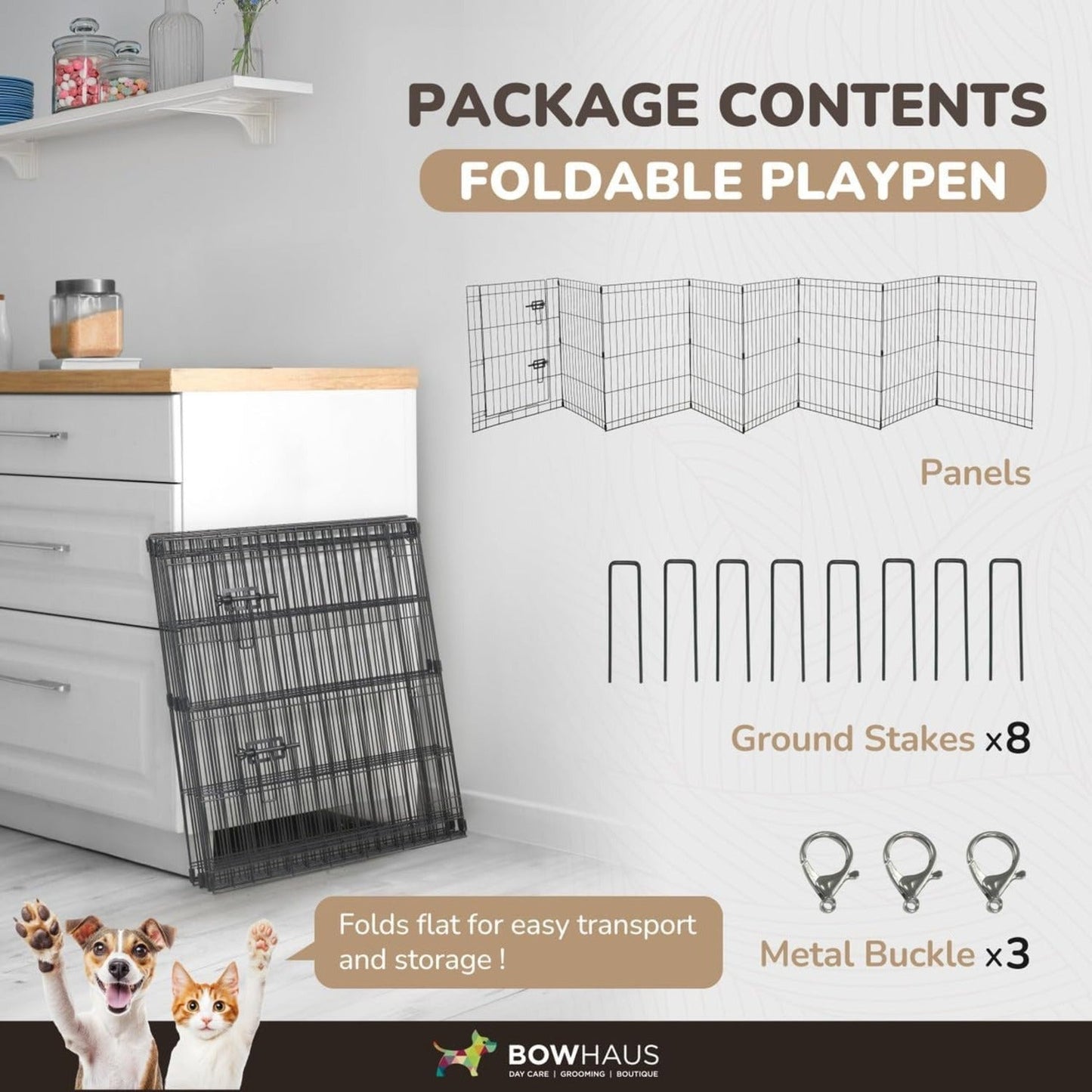 Dog Playpen 8 Panel Foldable Metal Pet Fence with Gate | Heavy-Duty Indoor Outdoor Exercise Pen for Small Dogs & Animals | Portable Kennel Cage | 24 Inch | Multiple Configurations Rectangle Octagon