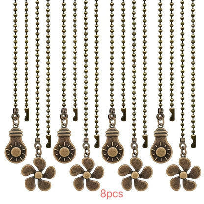 Ceiling Fan Pull Chain Extension Set of 8 - Decorative Bead Chain Pull Cord with Five-Leaf & Bulb Pendants, Iron Chain & Zinc Alloy, Bronze, Black, White, Red, Multi-Color, No Batteries Required