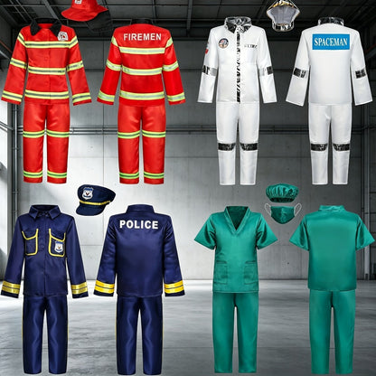 Kids Dress Up Costumes Set 4-in-1 – Firefighter, Police, Astronaut & Doctor Role Play Clothes for Boys Girls Ages 3-6, Birthday Christmas Halloween Career Day Gift