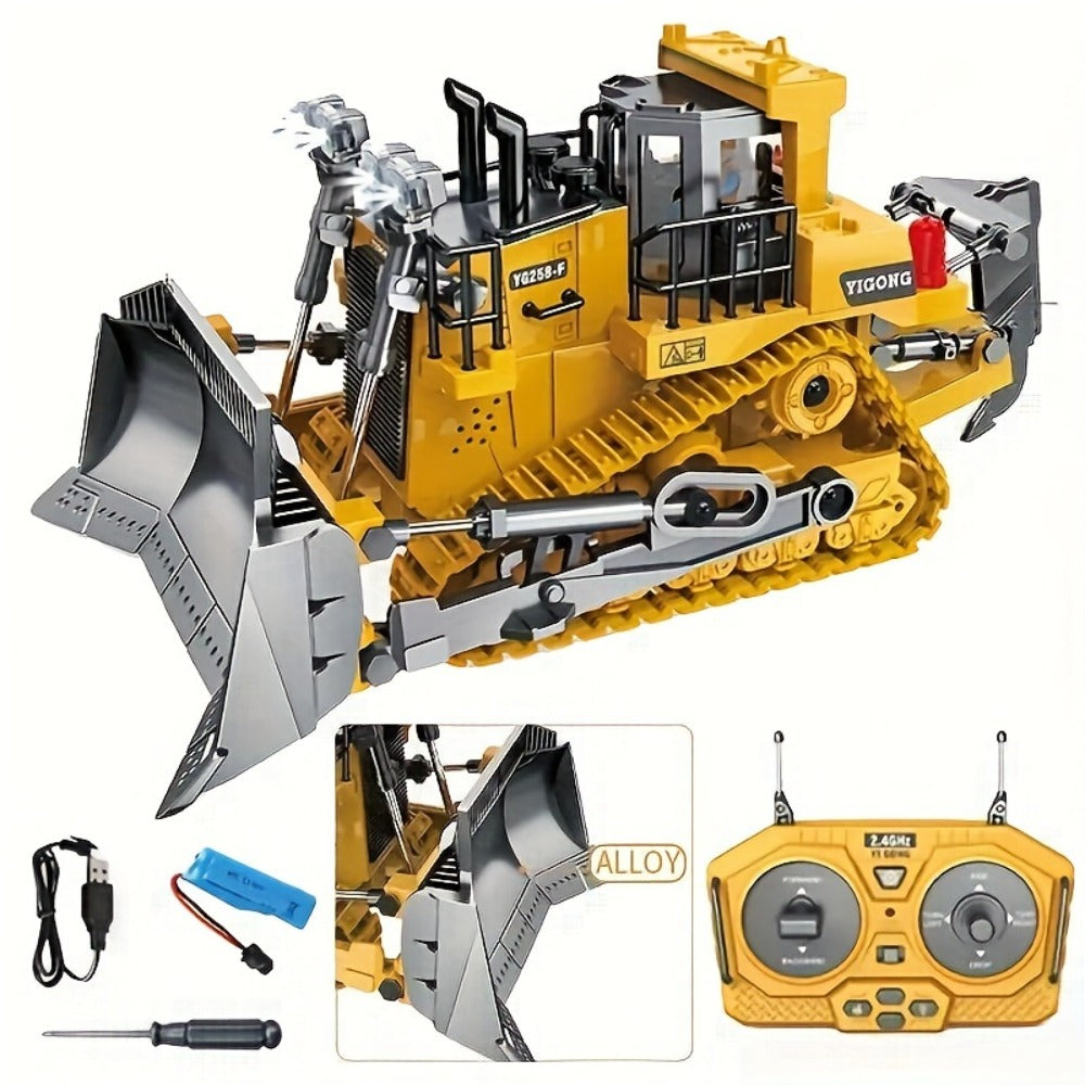 RC Bulldozer 9-Channel 2.4GHz Remote Control – Multifunctional Engineering Vehicle Toy with Alloy Metal Cover | Indoor Outdoor RC Construction Toy, Birthday & Christmas Gift for Boys Ages 6+