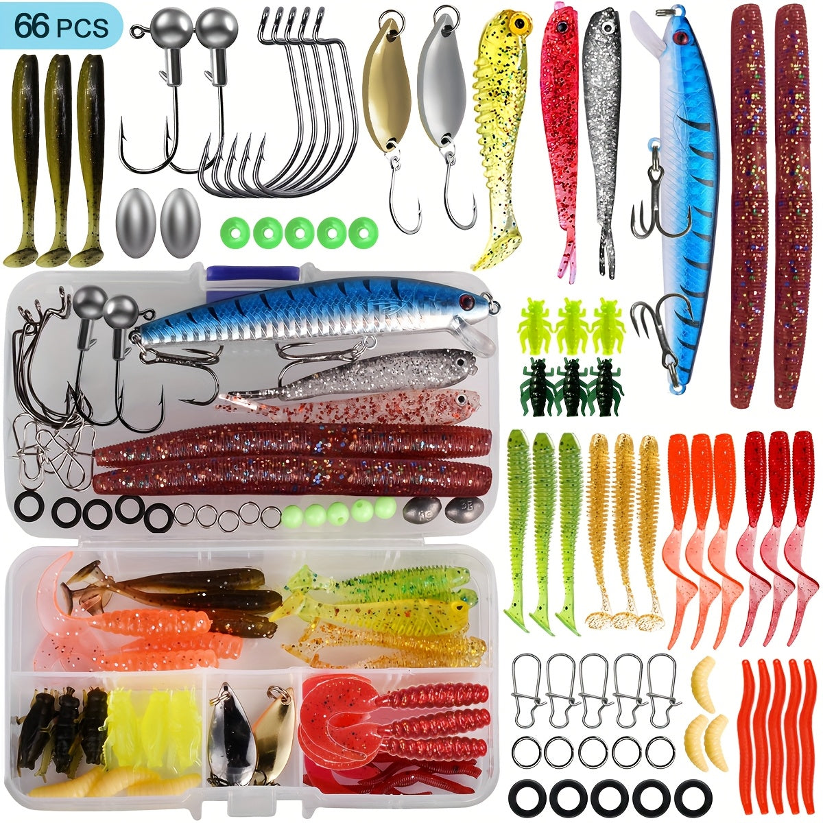 Fishing Lures Kit 66 / 95 / 189 Pcs – Complete Tackle Bait Set for Freshwater & Saltwater Bass Trout Fishing, Includes Spoons Spinners Soft Baits Hooks, Fishing Gear Gift for Men & Beginners