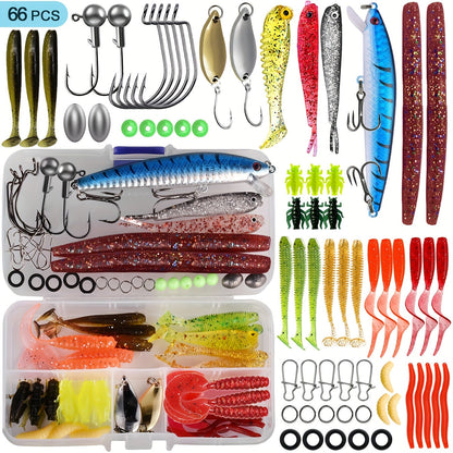 Fishing Lures Kit 66 / 95 / 189 Pcs – Complete Tackle Bait Set for Freshwater & Saltwater Bass Trout Fishing, Includes Spoons Spinners Soft Baits Hooks, Fishing Gear Gift for Men & Beginners