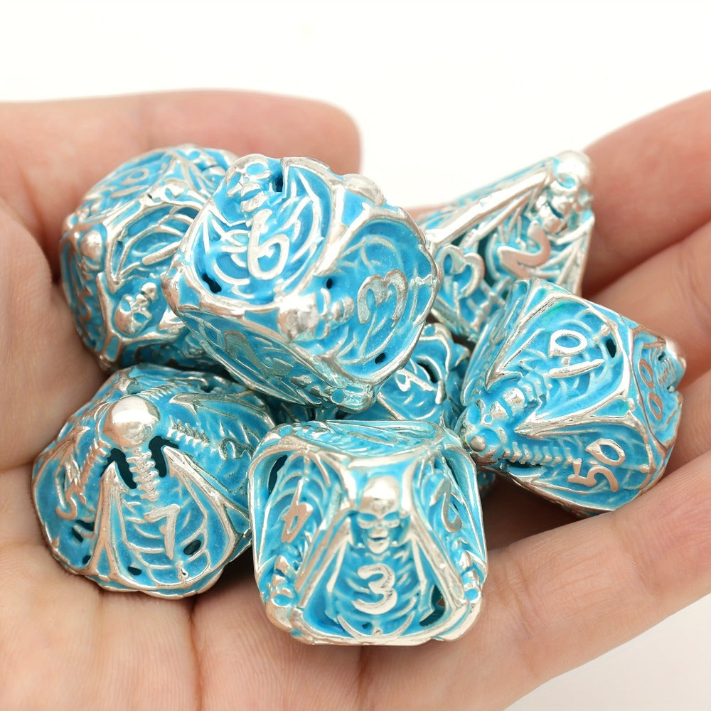 Metal Skull Dice Set 7pcs Glow in the Dark – Hollow UV Fluorescent Polyhedral DnD RPG Dice for Dungeon Masters, Skeleton Design Blue, Tabletop Gamer Gift Halloween Christmas Birthday