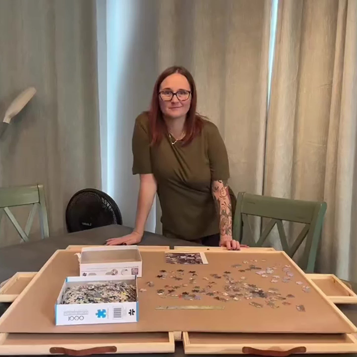 Jigsaw Puzzle Table 35"x27" with 360° Rotating Turntable & Easy-Pull Handle Drawers – Large Puzzle Board Organizer with Dust Cover for 1500 Pieces, Ergonomic Gift for Adults & Seniors