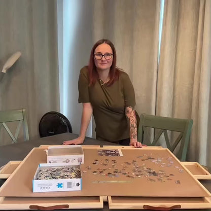 Jigsaw Puzzle Table 35"x27" with 360° Rotating Turntable & Easy-Pull Handle Drawers – Large Puzzle Board Organizer with Dust Cover for 1500 Pieces, Ergonomic Gift for Adults & Seniors