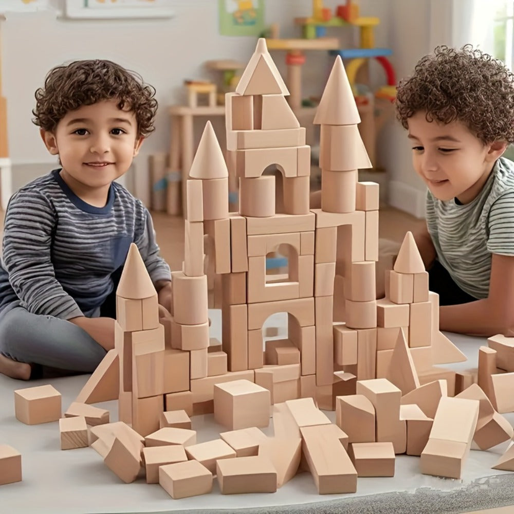 Natural Beech Wood Blocks 100 Piece Unpainted Solid Wooden Building Set – STEM Logical Thinking Toy for Kids Ages 3-12, Castle Stacking Sorting Educational Gift for Boys & Girls
