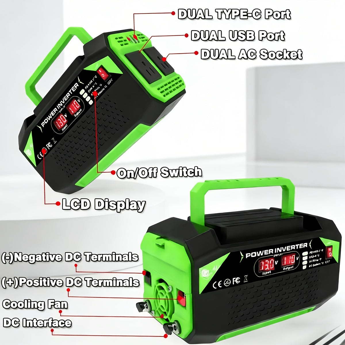1000/500W Portable Power Inverter 12V DC to 110V AC Converter Featuring Stable Output And A Rugged, Durable Design Comes Without A Battery And Is Equipped with An LCD Display 2 Universal Outlets 2 USB Ports 2 Type-C Ports Home Outdoor RV Camping Use