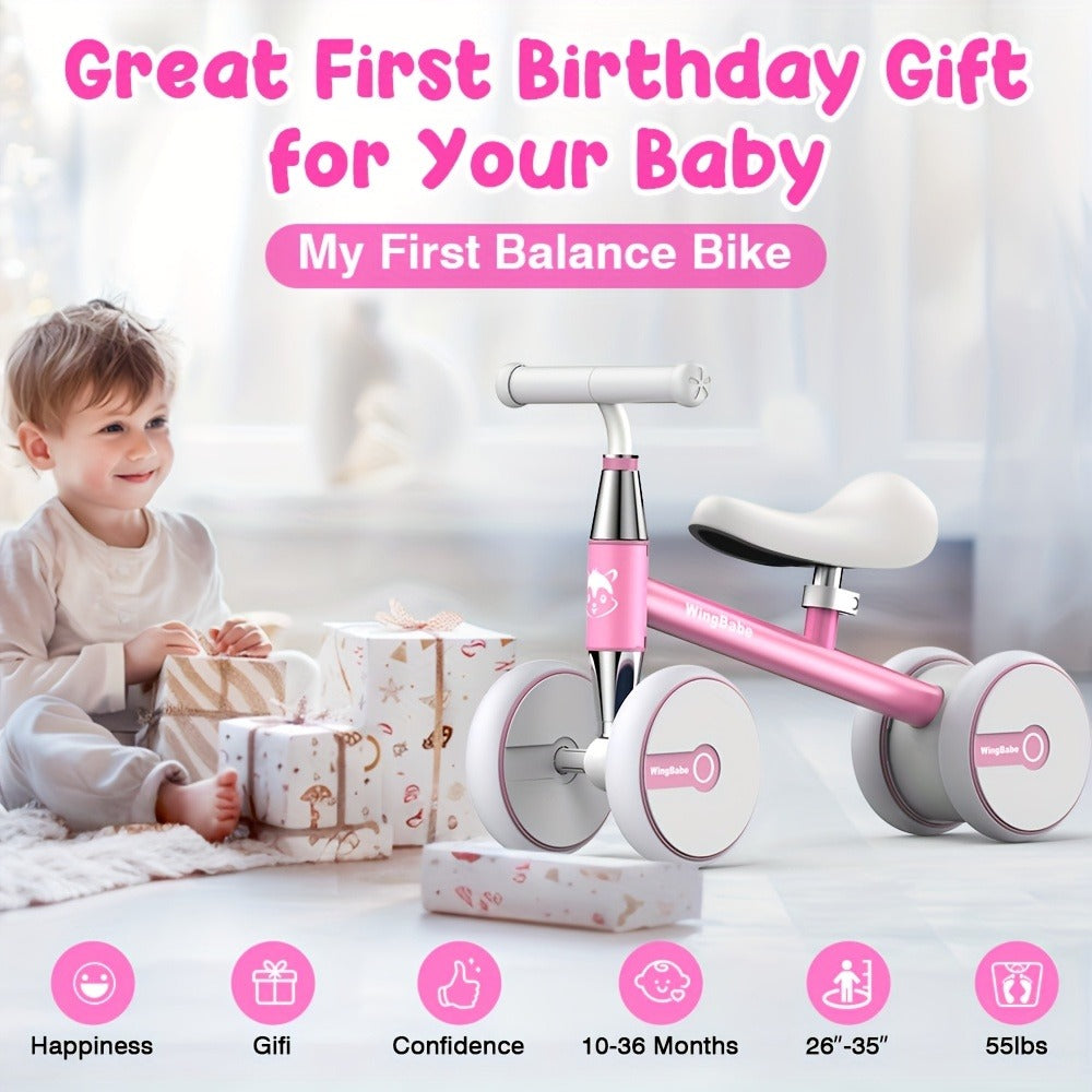 4 Wheel Balance Bike for Baby Toddlers 10-36 Months – Lightweight First Bike with Adjustable Seat, 90° Steering Limit & Silent Anti-Slip Tires | Best 1st Birthday Gift for Boys and Girls