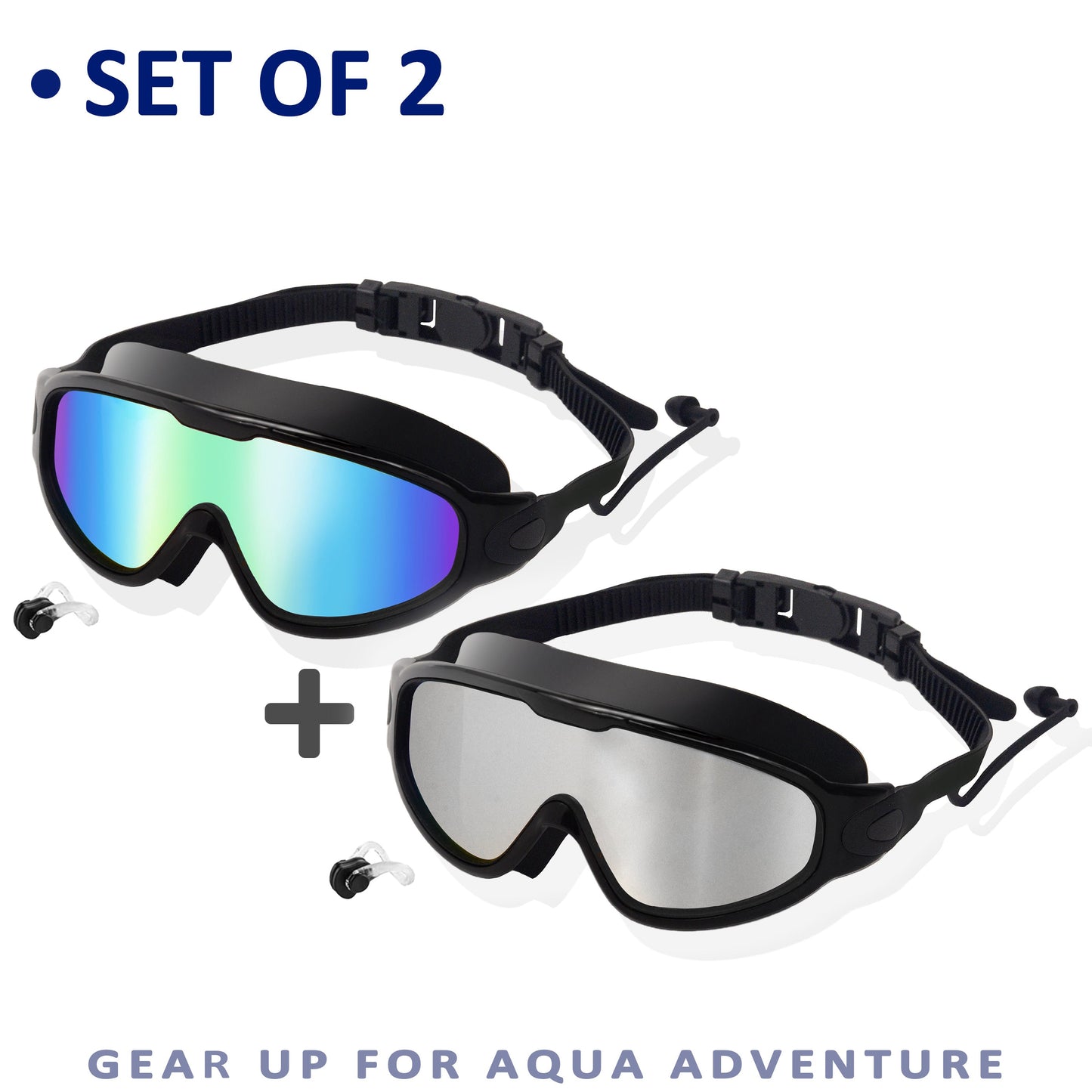 Anti-Fog Swim Goggles 2-Pack with Earplugs Nose Clip & Case, Wide Lens Leakproof