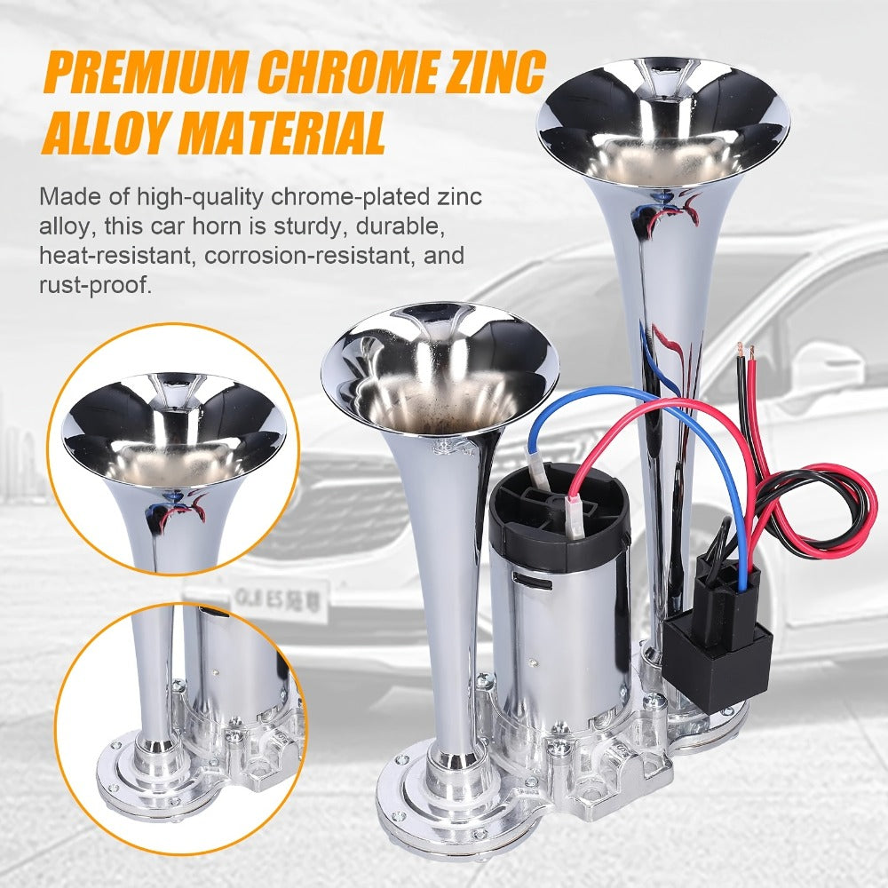 Loud Air Horn for Truck - 130dB Double Tube Aluminum Alloy with Compressor, 12V/24V Universal, Super Loud for SUV, Boat, Motorcycle, Off-Road, Bus, Quick Install