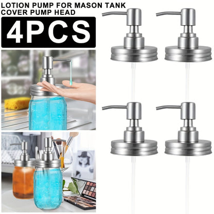 Mason Jar Soap Dispenser Pump Lids 4 Pack – 304 Stainless Steel Regular Mouth Mason Jar Pump Replacement, Leakproof Gasket, 3.9" Cuttable Tube, for Kitchen Bathroom Lotion Hand Soap Dish Soap
