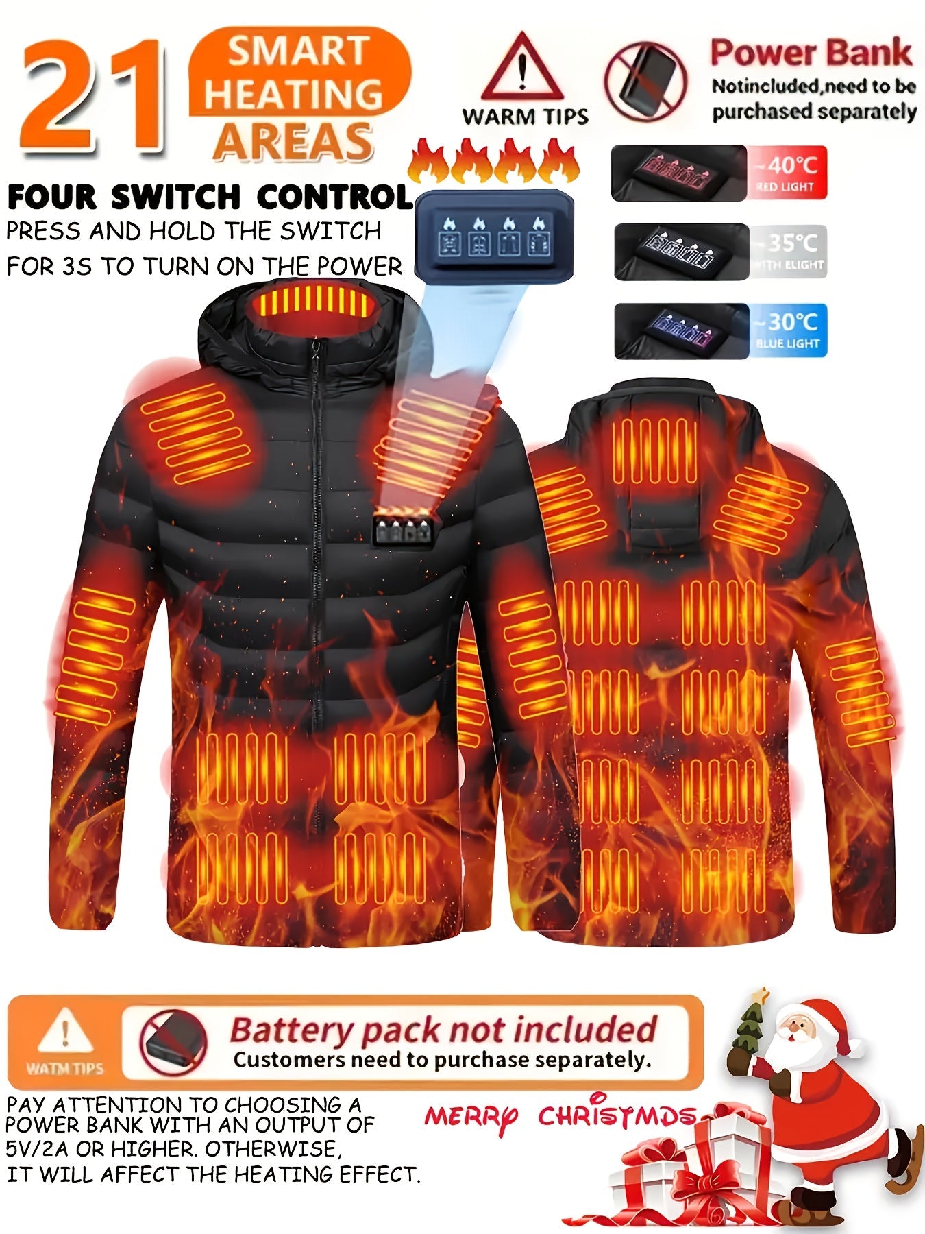 Unisex 21-Zone USB Heated Hooded Jacket - Multi-Zone Heating and Nylon Shell