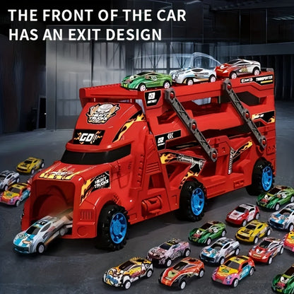 Transforming Launcher Truck Playset with 8 Alloy Cars – Foldable Storage Transporter Toy | Car Carrier Truck with Launch Ramp, Durable ABS Construction, Birthday Gift for Boys Ages 3 4 5 6