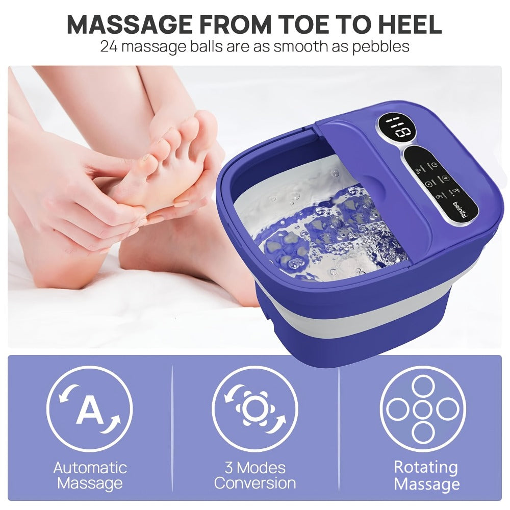 Foot Spa Massager Collapsible with Heater & Temperature Control – Foot Bath with Bubbles, 6 Massage Rollers, Vibration, Red Light Therapy & Auto Massage for Home Foot Care, Black Blue