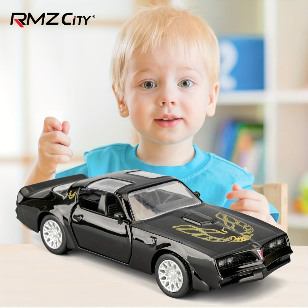 RMZ 1:36 Scale Pontiac Firebird Die-Cast Toy Car with Openable Doors & Pull-Back Action – Zinc Alloy Muscle Car Model with Display Base | Collectible Miniature Gift for Boys Girls Car Enthusiasts Ages 3+