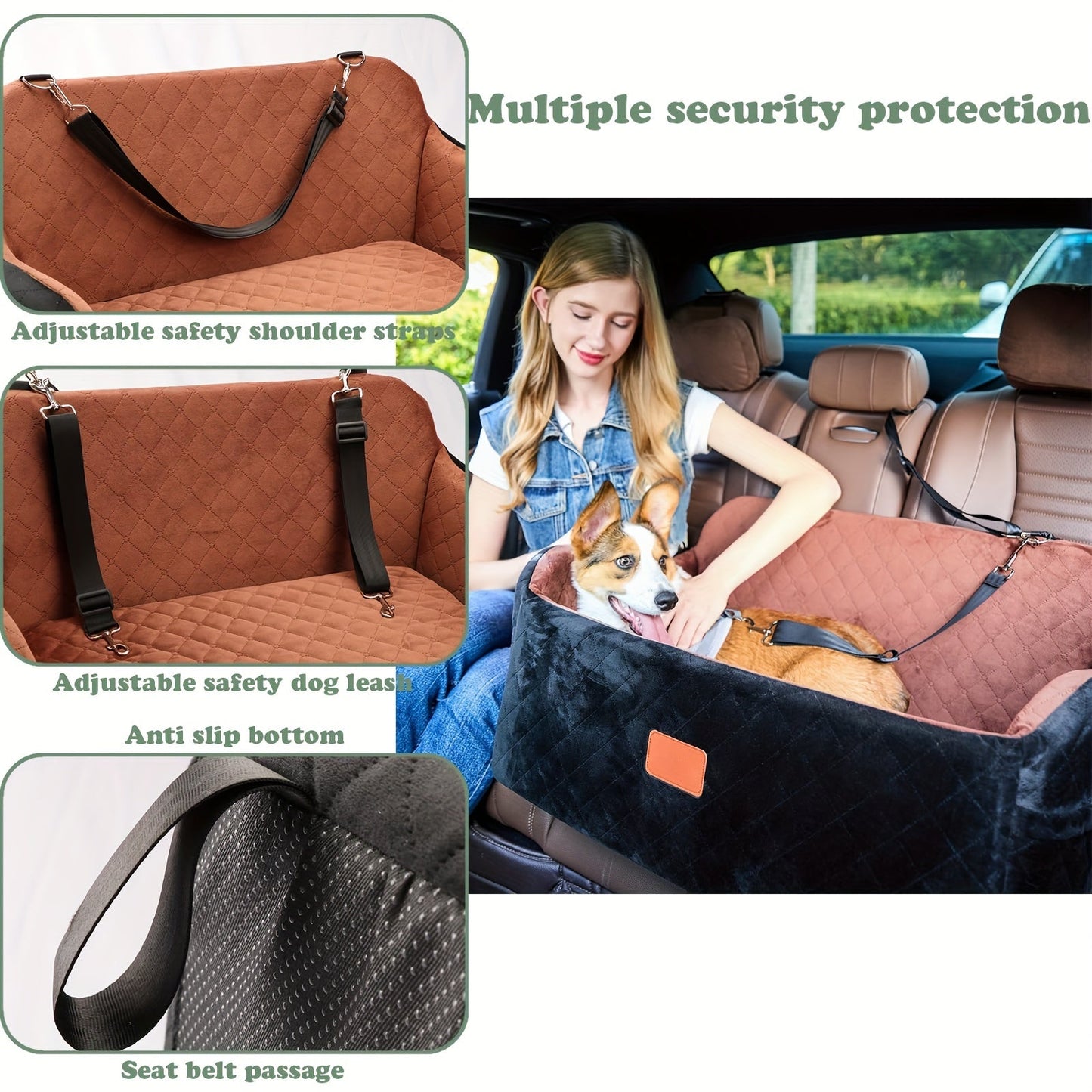 Dog Car Seat Booster with Memory Foam & Non-Slip Bottom – Adjustable Safety Leash & Seatbelt Channel, Soft Plush Pet Car Bed for Medium Large Dogs, Washable Travel Dog Seat Cover