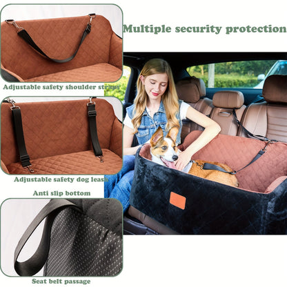 Dog Car Seat Booster with Memory Foam & Non-Slip Bottom – Adjustable Safety Leash & Seatbelt Channel, Soft Plush Pet Car Bed for Medium Large Dogs, Washable Travel Dog Seat Cover