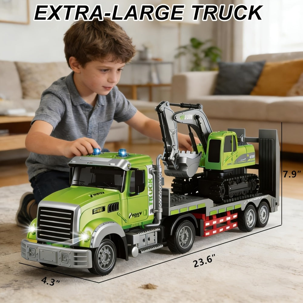 RC Semi Truck with Flatbed Trailer & Alloy Excavator Set 1:12 Scale | 11-Channel Dual Control, Sound & Lights | Construction Engineering Toy for Kids Boys