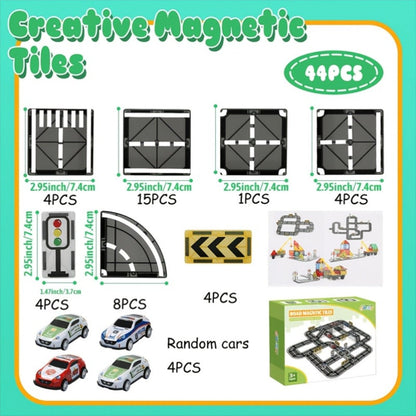 Magnetic Road Track Set 44 Pcs Kids Flexible Snap-Together Road Builder Tiles with Pull-Back Cars – STEM Construction Toy for Toddlers Boys Girls Ages 3+, Birthday Christmas Gift