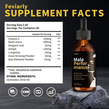 Men's Herbal Performance Drops with Shilajit Black Maca Longjack Root L-Arginine – Natural Vitality & Circulatory Support Supplement, Clean Formula No Chemical Additives, Gentle Non-Irritating