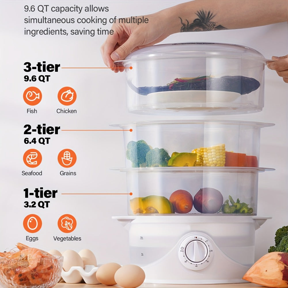 Electric Food Steamer 3-Tier 9.6QT Large Capacity, 800W Fast Cooking, 60-Min Timer, Boil-Dry Protection, Dishwasher Safe & BPA-Free – Multi-Tier Steamer for Vegetables, Dumplings & Family Dinners