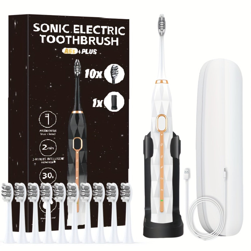 IPX8 Sonic Electric Toothbrush with 8 Replacement Brush Heads — Metal Shaft, USB Rechargeable 500mAh, Travel Case & Holder, Deep Plaque Removal for Adults Men & Women, 5 Colors