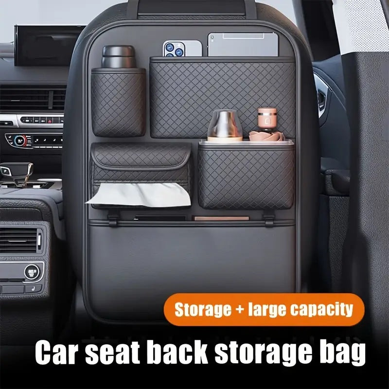 1pc Brand New 2025 Faux Leather Car Seat Back Organizer Bag Featuring a Diamond Design - Multi-Tier Storage for Bottles, Tablets, Laptops, And Additions, Black, Universal | Chic Car Organizer Bag | Faux Leather Car Bag