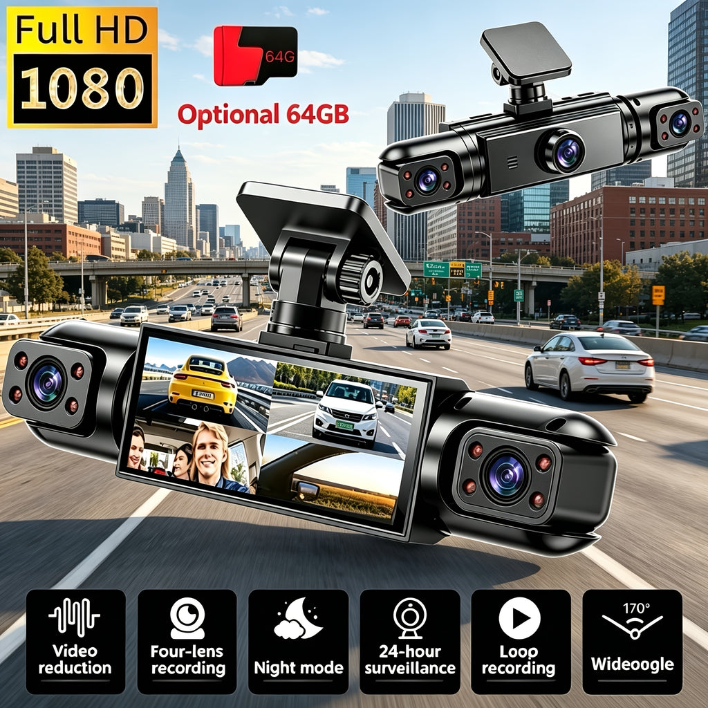 HOEMYER 360° Panoramic 3/4 Lens Channel 1080P HD Ultimate Dash Cam Kit, 1080P Front And 720P Front-Rear-Left-Right Full Coverage, Quad-View Display, HD Night Vision, WDR, G-Sensor