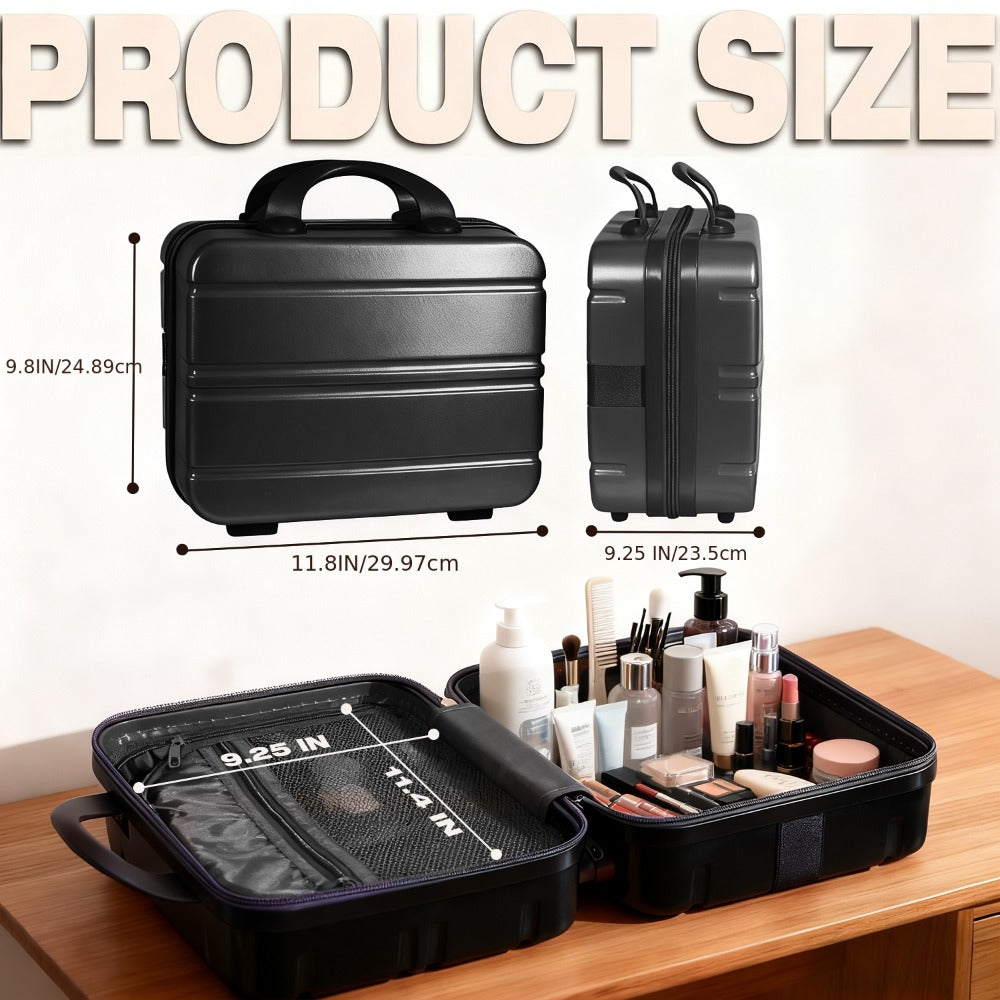 Hard Shell Makeup Travel Case Waterproof Pressure-Proof Portable Cosmetic Suitcase with Elastic Band Luggage Attachment Carry-On Organizer for Women Travel Camping Gym 30x25x15cm
