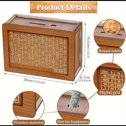 Wooden Savings Bank with Digital Counter 2-Pack – 7.87x5.7" Adult Coin Bank Holds $10,000, Savings Goal Tracker Box, Ideal Gift for Friends Family Home Decor