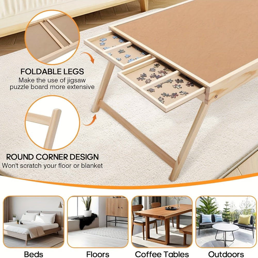 Jigsaw Puzzle Table with Folding Legs – 4 Drawers 16 Sorting Grids Portable Wooden Puzzle Board for 1000 Pieces, Storage Organizer Gift for Adults Seniors Family Game Night Home Office