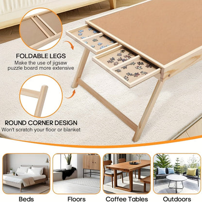 Jigsaw Puzzle Table with Folding Legs – 4 Drawers 16 Sorting Grids Portable Wooden Puzzle Board for 1000 Pieces, Storage Organizer Gift for Adults Seniors Family Game Night Home Office