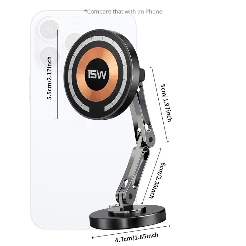Magnetic Car Phone Mount 15W Wireless Charging – 360° Rotation, Foldable Stand, Super Magnetic Grip, Universal Fit for iPhone 12+ & Android Smartphones, No Battery Required