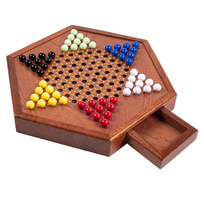 Deluxe Wooden Chinese Checkers Game Set 12.5 Inch Hexagonal Board with Storage Drawer 60 Acrylic Marbles – Classic Family Strategy Board Game for Kids Adults Game Night Gift