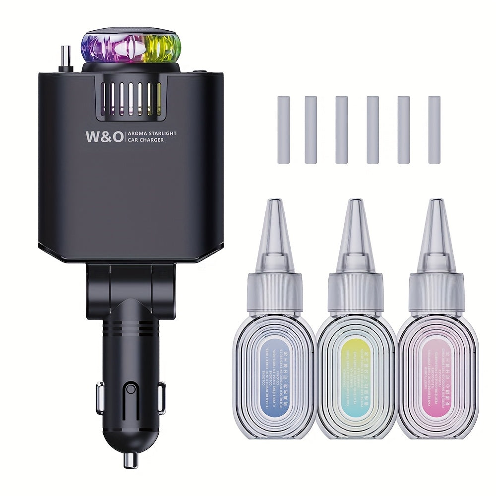 [Christmas Gift] Three-In-One Multifunctional Car Charger, Perfume Machine, Starry Sky Ceiling Light, Dual 80cm/32inch Type-C+Lightning Retractable Cable, Air Freshener, Adapter For IPhone 16/15/Plus/Pro Max, For S25/24, Great Christmas Birthday Gift