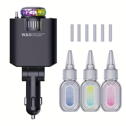 [Christmas Gift] Three-In-One Multifunctional Car Charger, Perfume Machine, Starry Sky Ceiling Light, Dual 80cm/32inch Type-C+Lightning Retractable Cable, Air Freshener, Adapter For IPhone 16/15/Plus/Pro Max, For S25/24, Great Christmas Birthday Gift