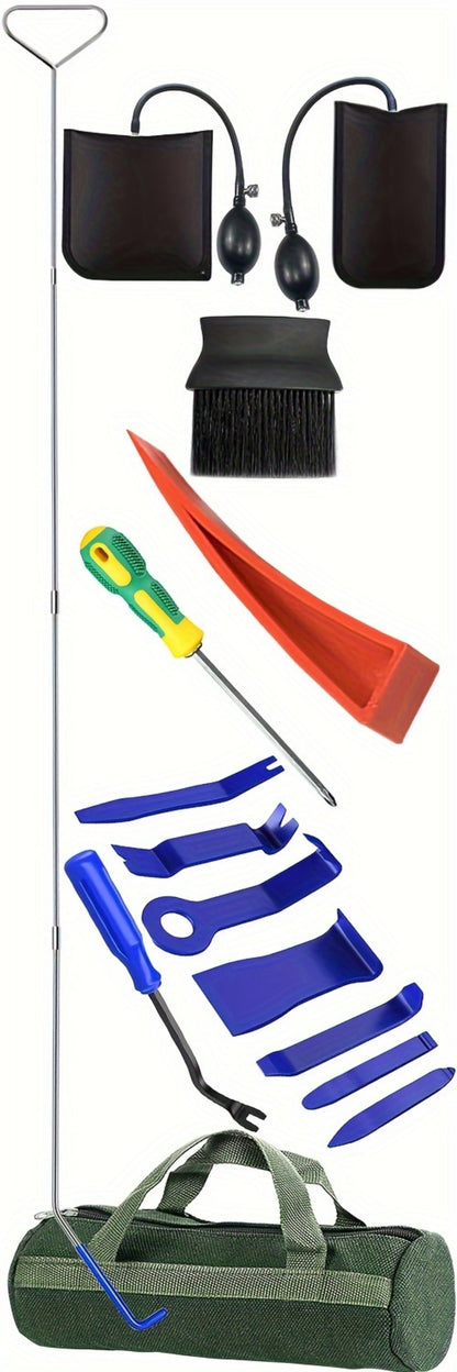 Car Door Unlock Tool Kit – Emergency Long Reach Grabber, Air Wedge, Trim Removal Tool & Carry Bag, Universal Fit for Cars Trucks SUVs, Lockout Kit for Roadside Emergency