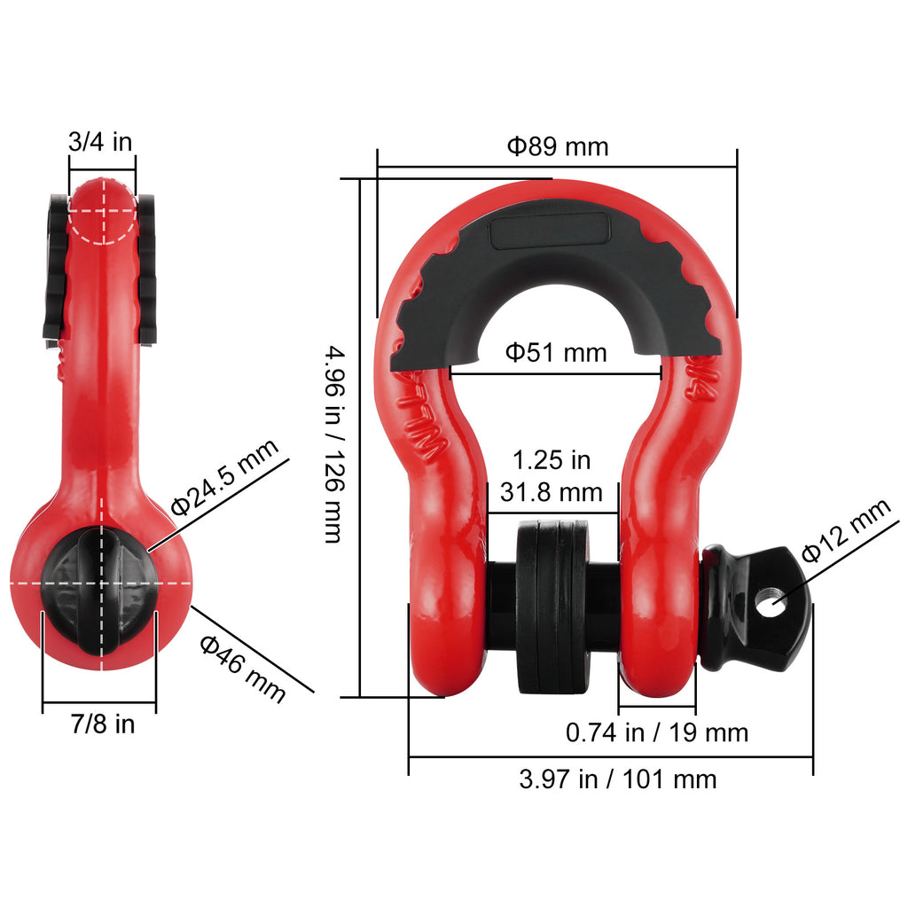 VEVOR 3/4" D-Ring Shackle, 2 Pack Alloy Steel Shackles 62832 lbs (28.5 Ton) Break Strength with 7/8" Screw Pin, Isolators & Washers, Heavy Duty Off Road Vehicle Recovery Shackle for Jeep Truck,Orange/Black/Red