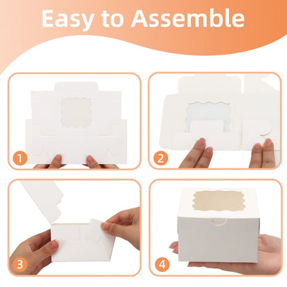 Treat Boxes 150pcs with Window | 4x4x2.5 Inch White Bakery Boxes | 3 Style Clear Window Gift Boxes for Dessert, Chocolate, Strawberries, Donuts, Cookies | Birthday Party, Wedding, Father's Day Packaging