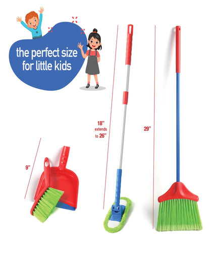 Kids Cleaning Set 4 Piece Toy Broom Mop Brush Dustpan – Pretend Play Housekeeping Kit for Toddlers Boys Girls | Develops Fine Motor Skills & Responsibility | Best Birthday Christmas Gift Ages 3+