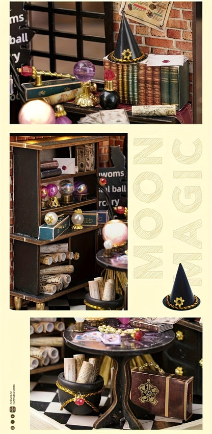 DIY Wooden Tiny House Kit with Dust Cover – Handmade Miniature Dollhouse Puzzle, 3 Themes Afternoon Tea Rotating Food House Moon Magic, Creative Home Decor Gift for Adults & Teens Birthday Christmas