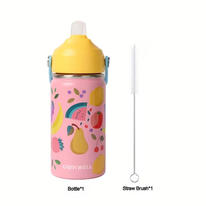 Insulated Stainless Steel Water Cup with Straw | 12oz 340ml, 3D Cartoon Pattern, Double Wall, Handle & Straw Brush – Travel, School & Outdoor