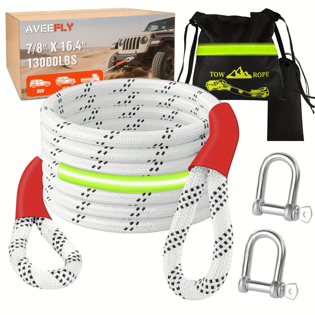Heavy Duty Recovery Tow Rope, 45000/13000 LBS Break Strength, 30'/16.4'(L), Emergency Tow Rope for Truck Jeep ATV & More, Towing Strap with 2pcs D Ring Shackles, Reflective Safety Flag, Storage Bag
