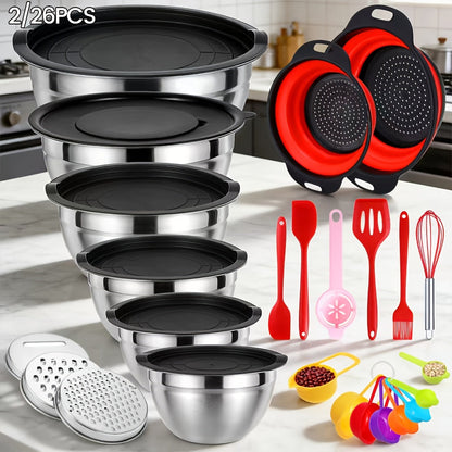 Stainless Steel Mixing Bowl Set 26pcs with Sealed Lids – 6 Bowls (0.7–3.6 Qt), 2 Colanders & 3 Sharpening Tools – Nesting Kitchen Bowls for Baking, Salad, Mixing, Storage & Camping